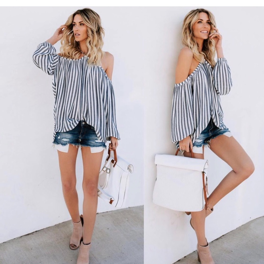 VICI blue and white Striped Off-Shoulder Top